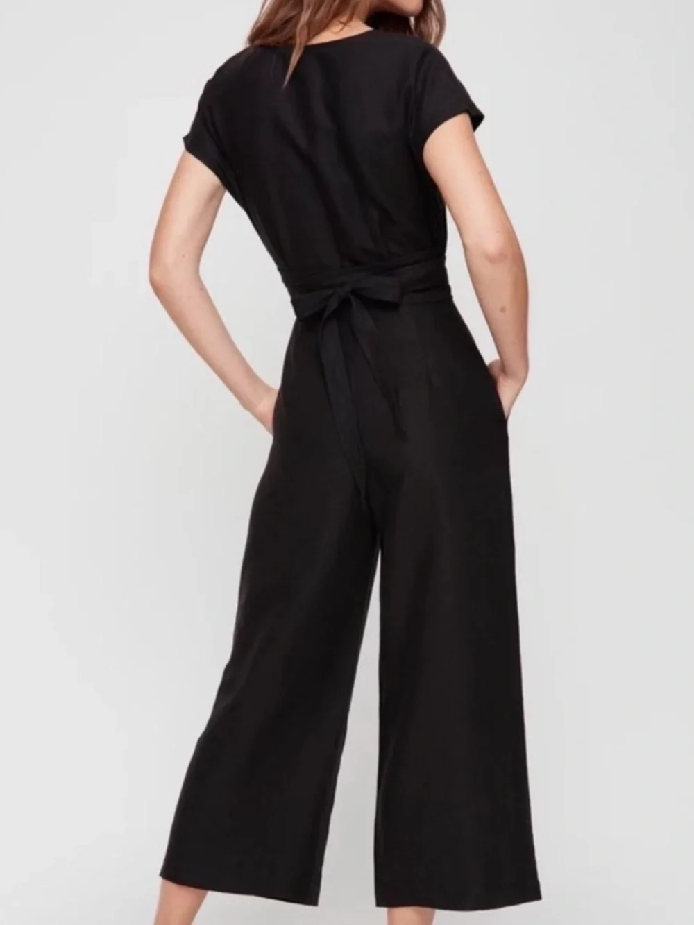 Aritzia Wilfred Brax Jumpsuit Black Size 8 Crop Linen Wrap Vacation Party Cutout